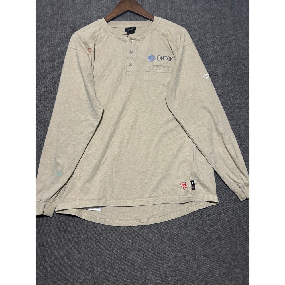 Ariat fr henley shirt mens long sleeve workwear tan logo flame resistant Large